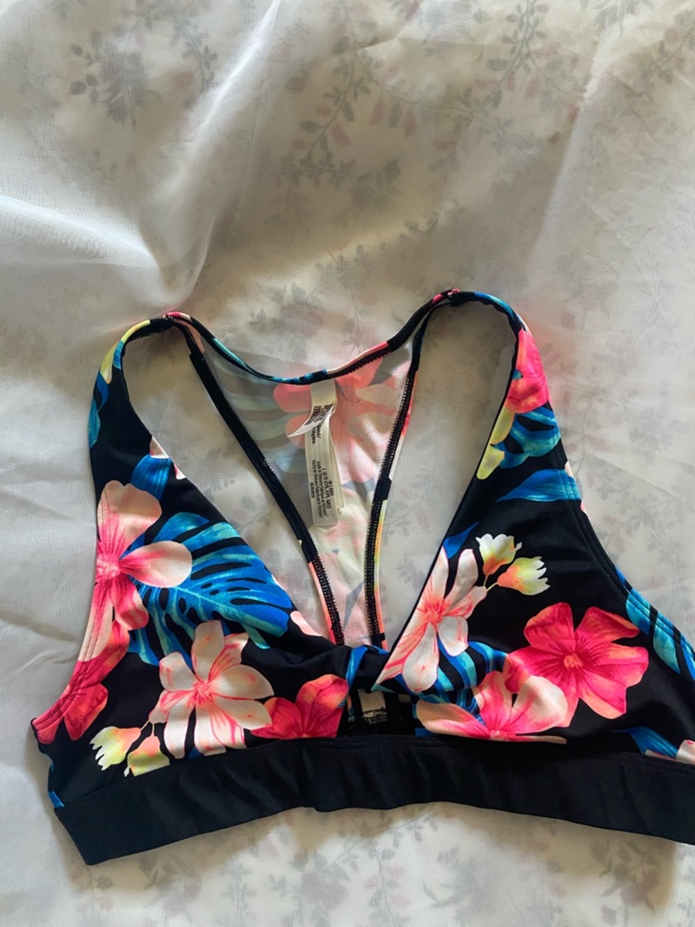 Floral Racerback Bikini Top - Black with Pink & Blue Flowers